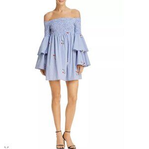 AQUA Striped Poplin Off-the-Shoulder Ruffle Sleeve Dress, blue white, sz small